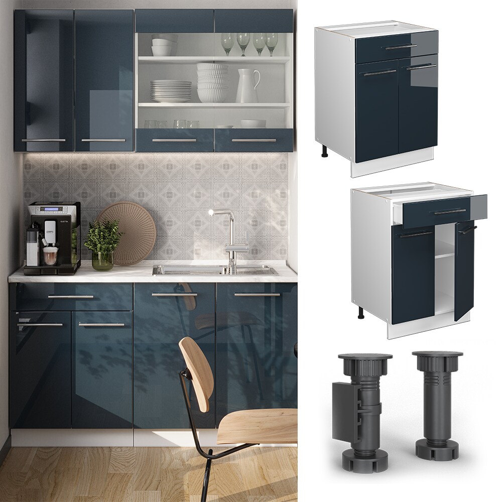 Meuble cuisine Fame-Line, Bleu foncé brillant, 60 cm avec tiroir, sans plan de travail Vicco