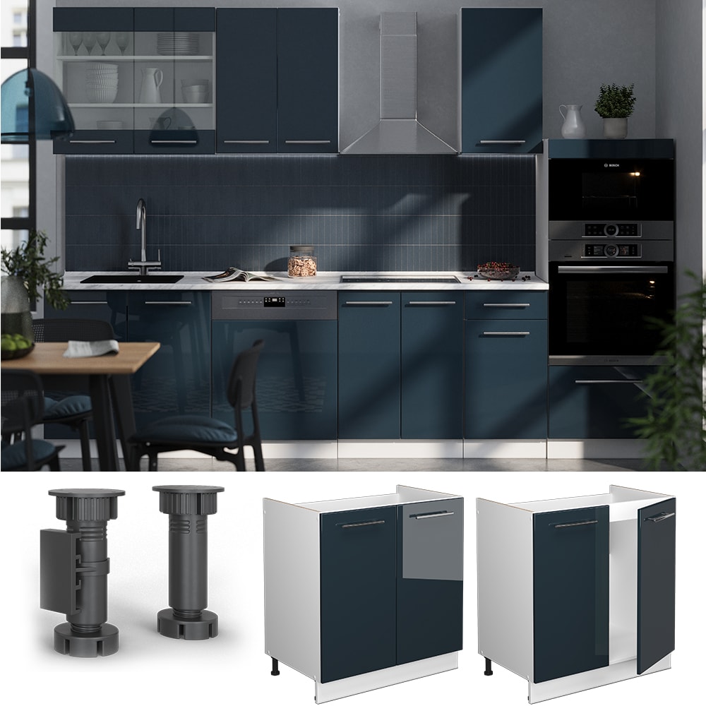 Vicco Sp&uuml;lenunterschrank Fame-Line Wei&szlig; Dunkelblau Hochglanz 80 cm mit Arbeitsplatte Eiche 