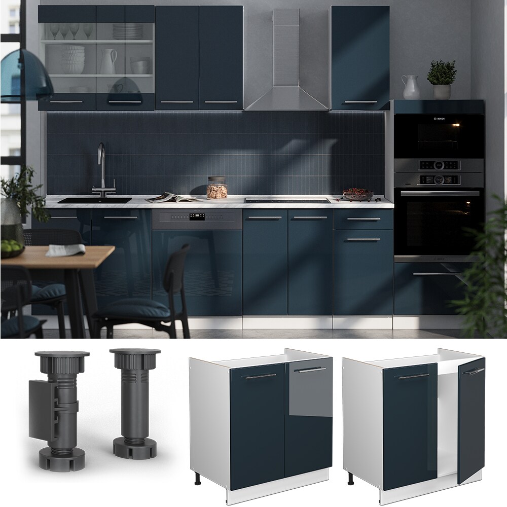 Vicco Sp&uuml;lenunterschrank Fame-Line Wei&szlig; Dunkelblau Hochglanz 80 cm mit Arbeitsplatte Wei&szlig;-Marmor 