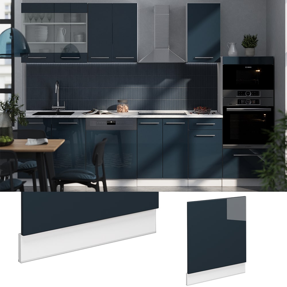 Vicco Geschirrsp&uuml;lerblende Fame-Line Wei&szlig; Dunkelblau Hochglanz 60 cm mit Arbeitsplatte Wei&szlig;-Marmor 