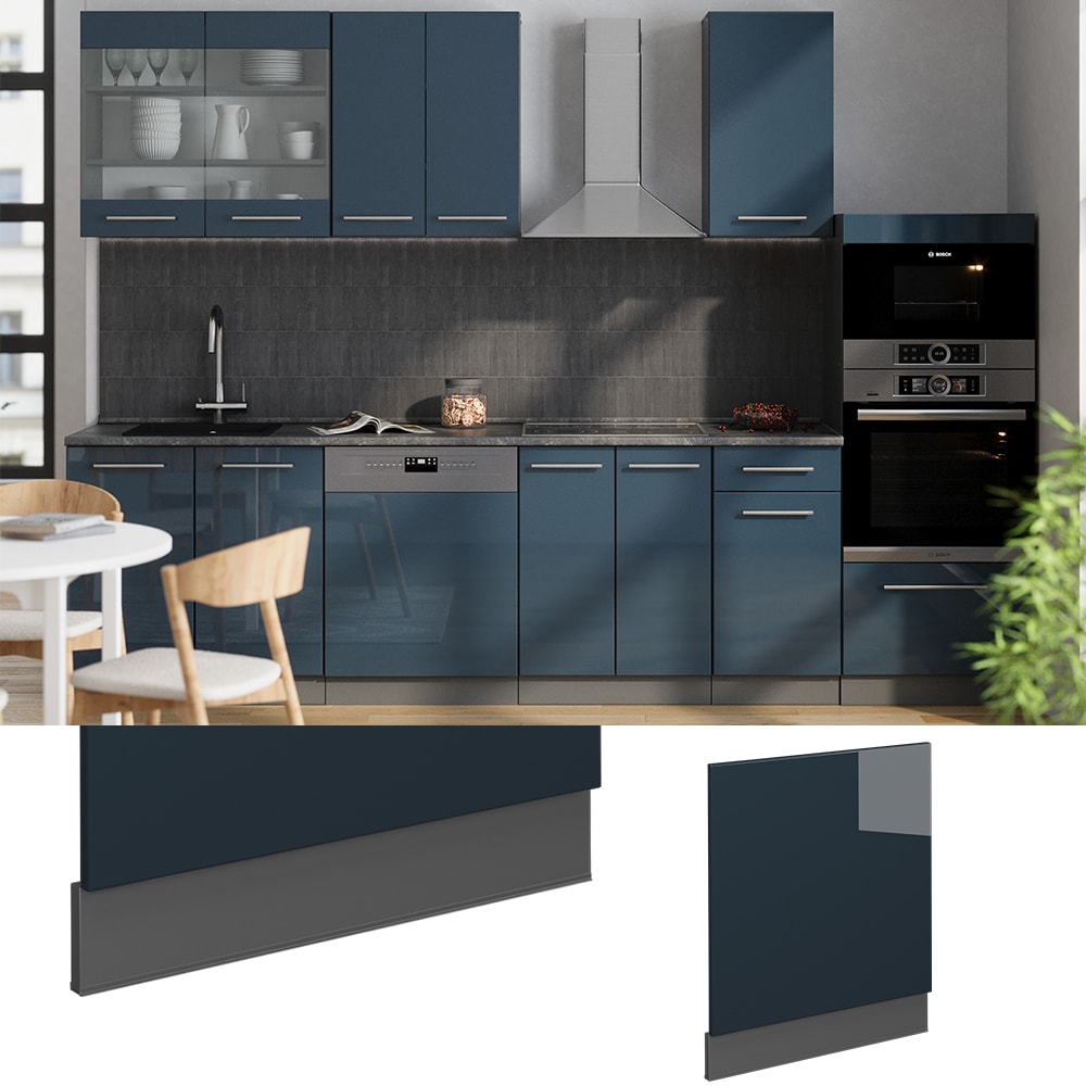 Vicco Geschirrsp&uuml;lerblende Fame-Line Anthrazit Dunkelblau Hochglanz 60 cm mit Arbeitsplatte Wei&szlig;-Marmor 