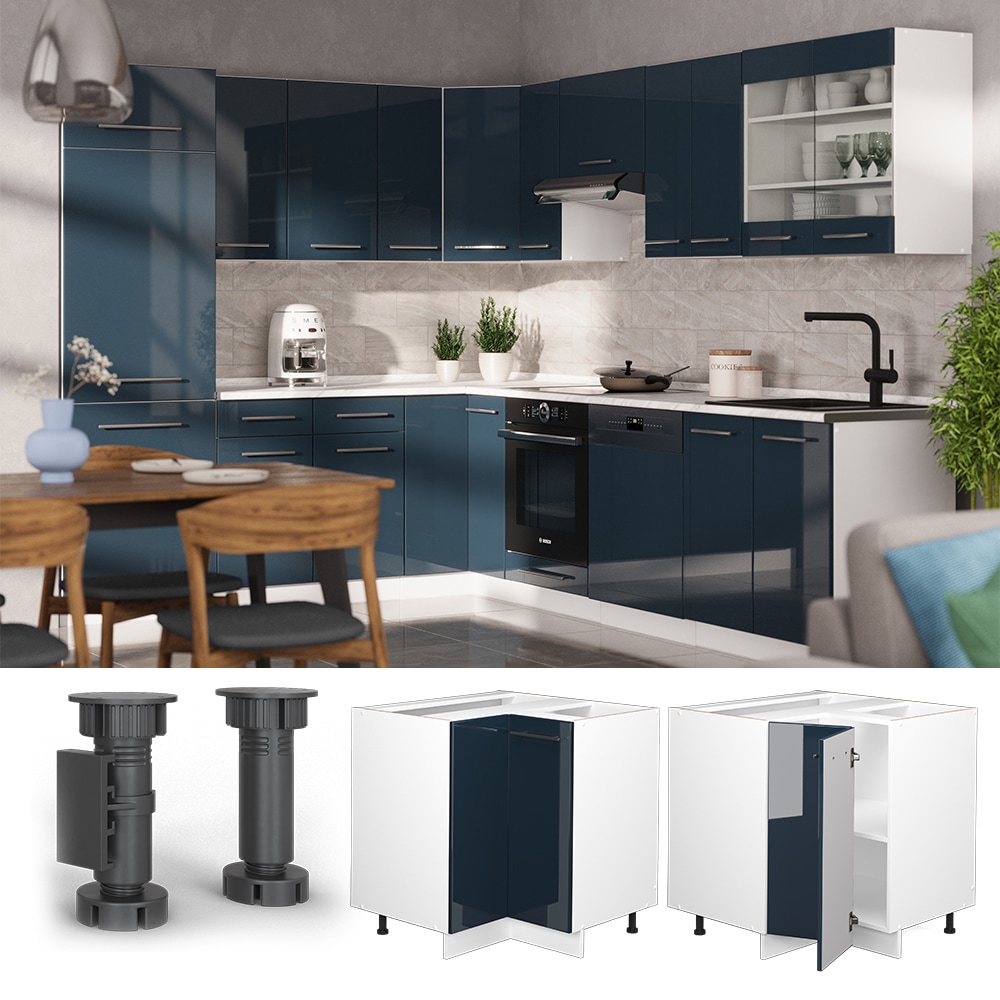 Vicco Eckunterschrank Fame-Line Wei&szlig; Dunkelblau Hochglanz 87 cm mit Arbeitsplatte Eiche 