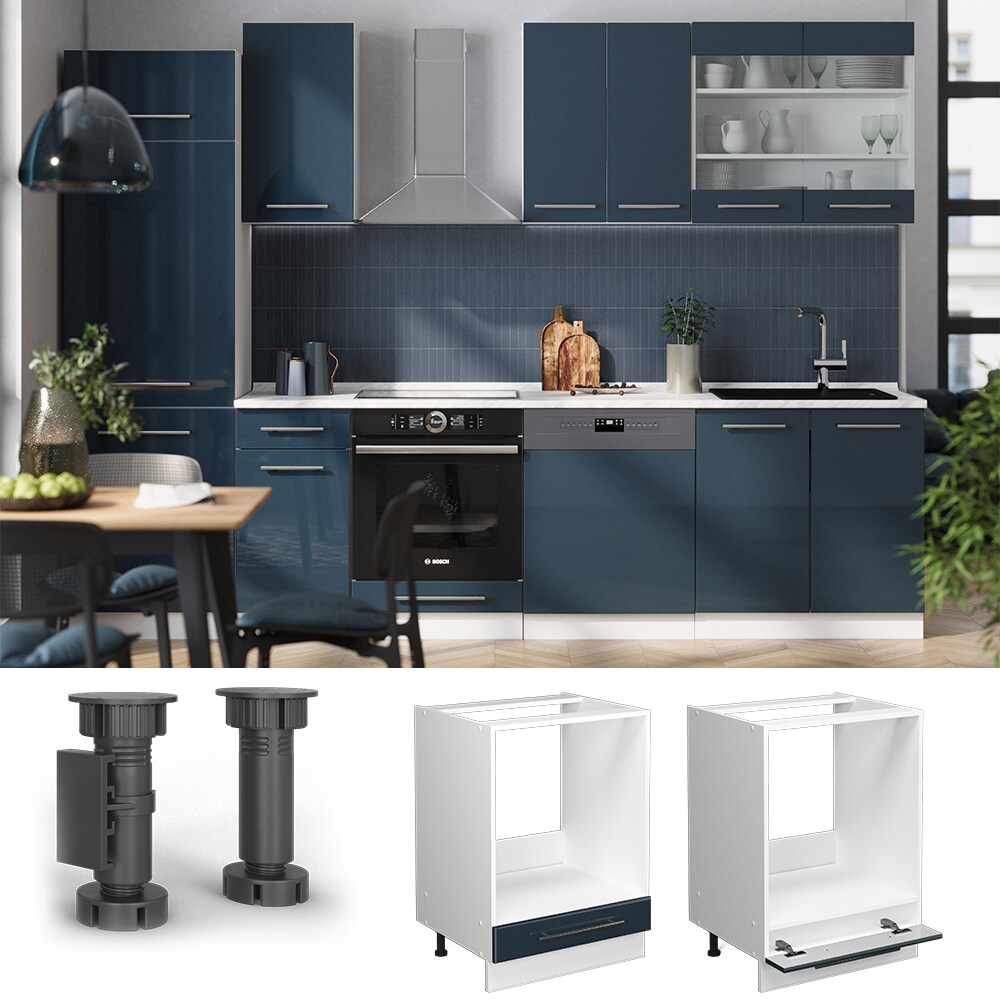 Vicco Herdumbauschrank Fame-Line Wei&szlig; Dunkelblau Hochglanz 60 cm mit Arbeitsplatte Anthrazit 