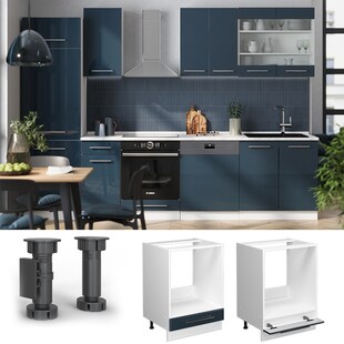 Vicco Herdumbauschrank Fame-Line Weiß Dunkelblau Hochglanz 60 cm mit Arbeitsplatte Weiß-Marmor 