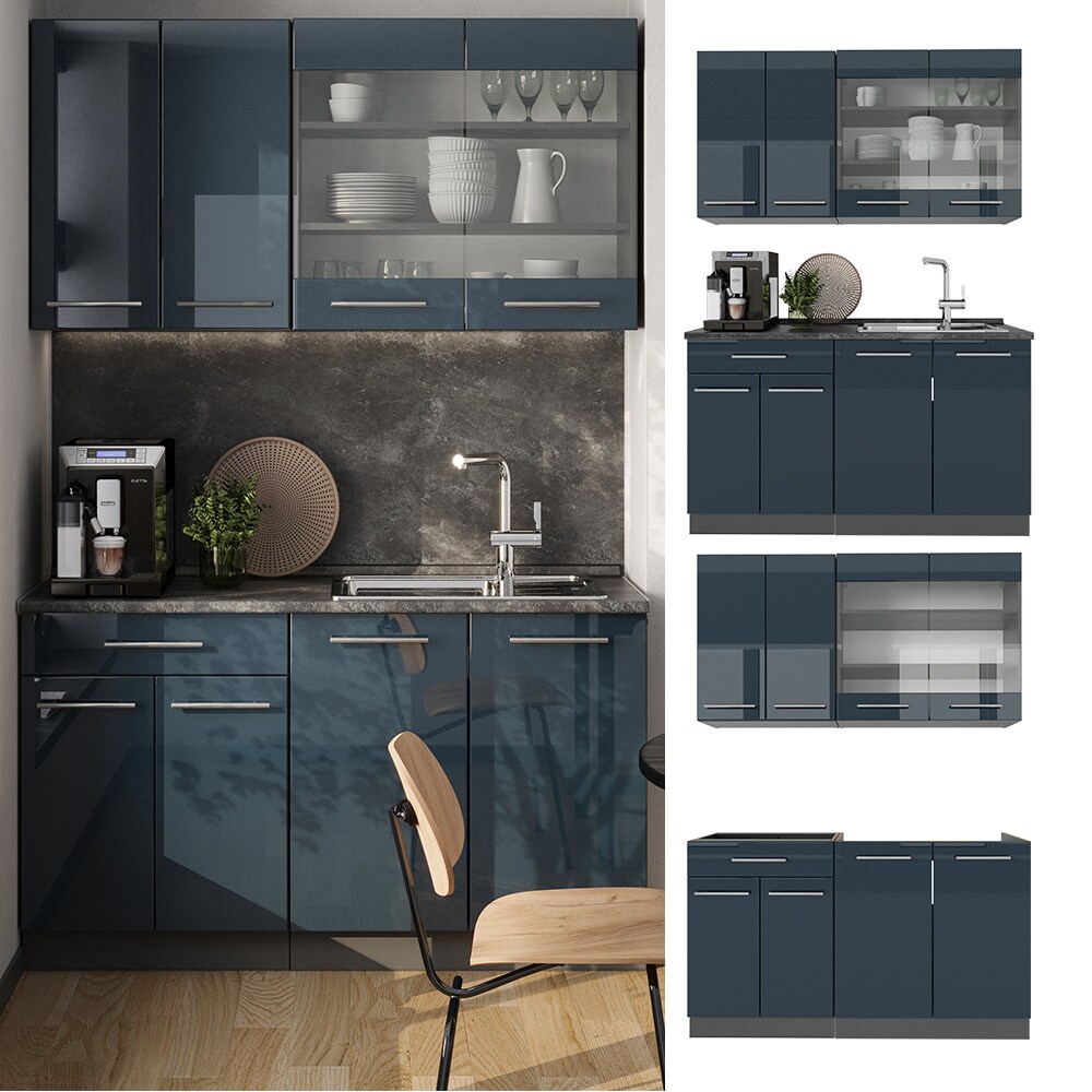 Vicco K&uuml;chenzeile Fame-Line Anthrazit Dunkelblau Hochglanz 140 cm ohne Arbeitsplatte 