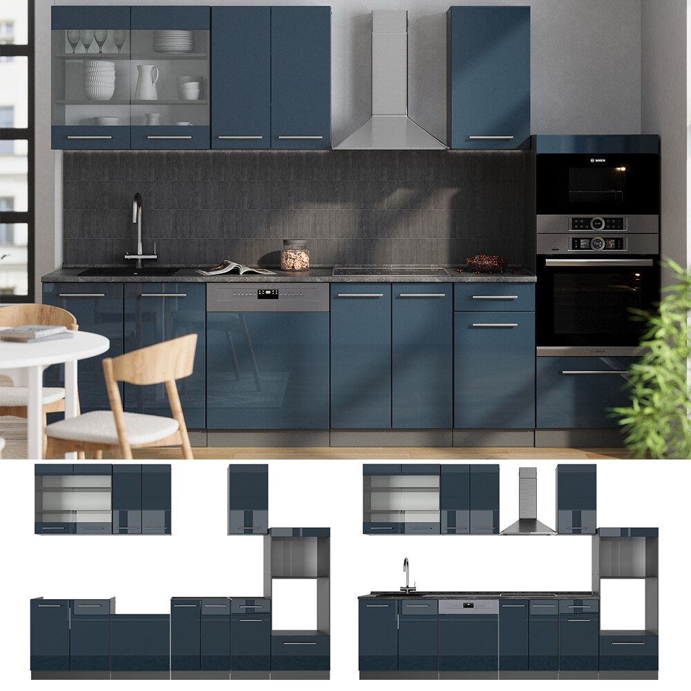 Vicco - Cuisine Fame-Line, Bleu foncé brillant/Anthracite, 300 cm avec armoire haute, sans plan de travail