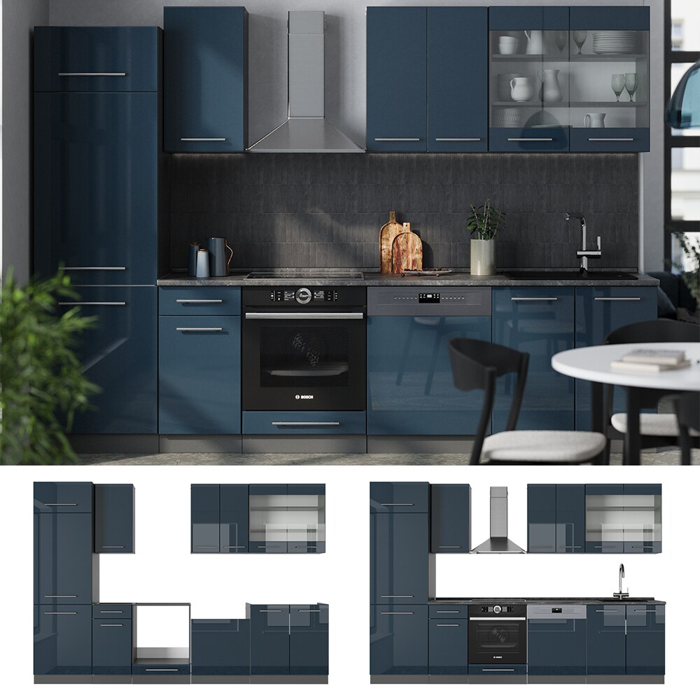 Vicco K&uuml;chenzeile Fame-Line Anthrazit Dunkelblau Hochglanz 300 cm mit Arbeitsplatte Anthrazit 