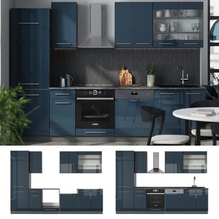Vicco Küchenzeile Fame-Line Anthrazit Dunkelblau Hochglanz 300 cm mit Arbeitsplatte Anthrazit 