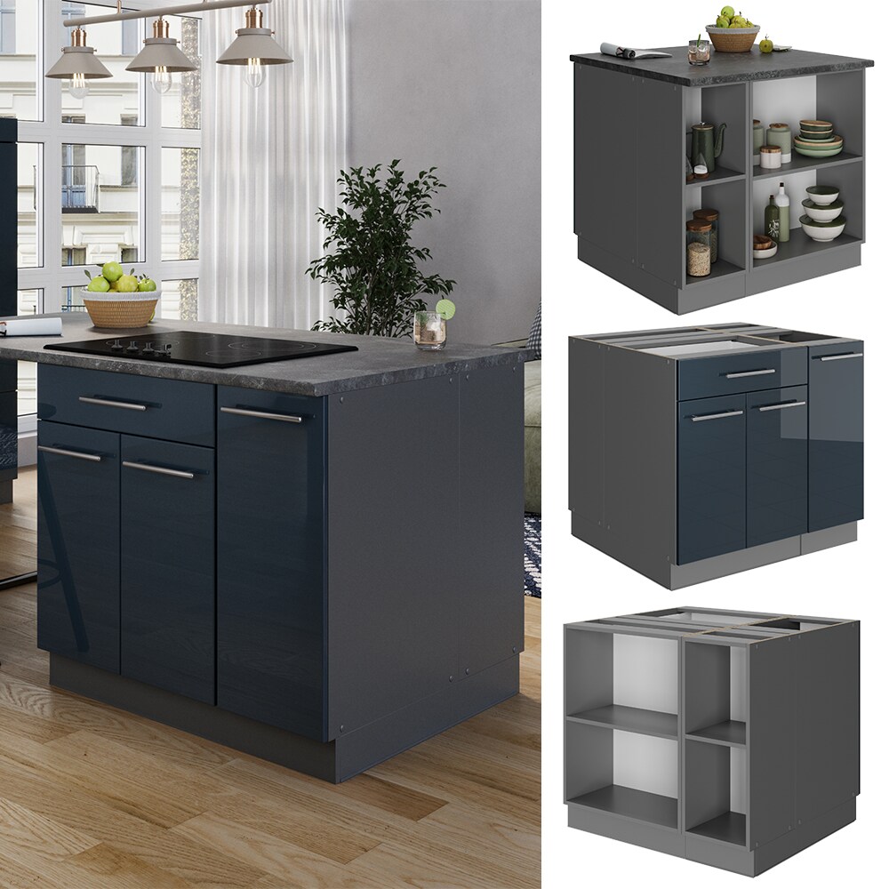Vicco K&uuml;cheninsel Fame-Line Anthrazit Dunkelblau Hochglanz 90 cm offen 