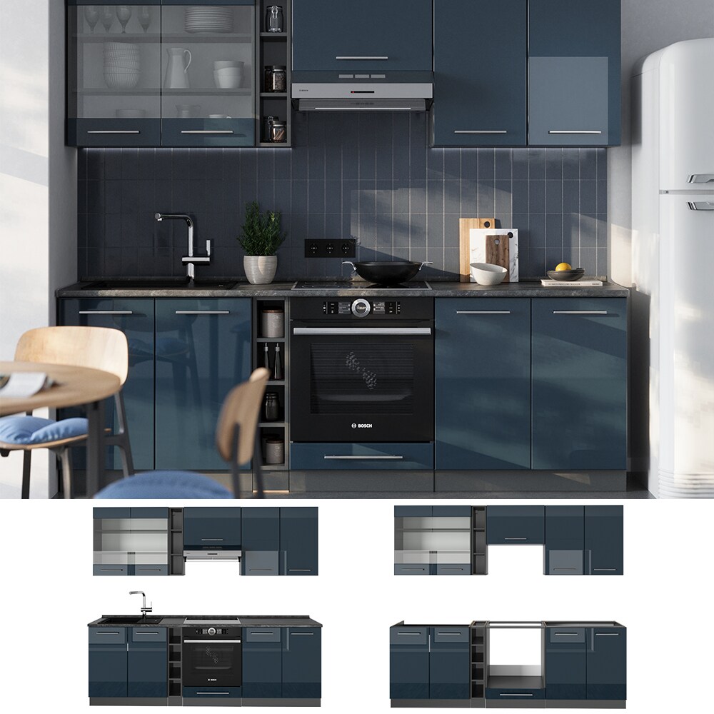 Vicco K&uuml;chenzeile Fame-Line Anthrazit Dunkelblau Hochglanz 235 cm mit Arbeitsplatte Eiche 