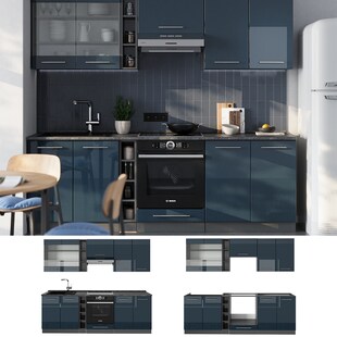 Vicco Küchenzeile Fame-Line Anthrazit Dunkelblau Hochglanz 235 cm mit Arbeitsplatte Weiß-Marmor 