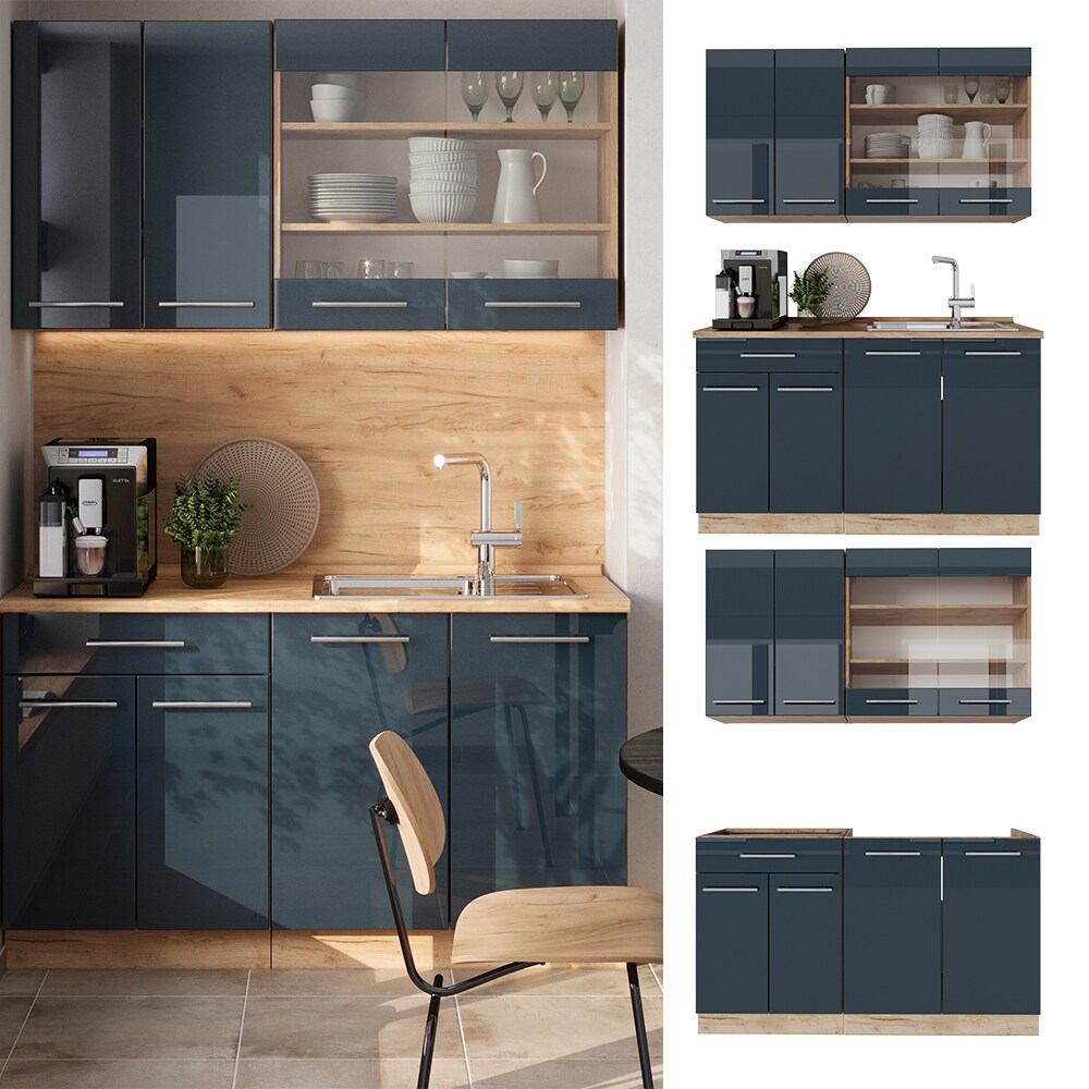 Vicco K&uuml;chenzeile Fame-Line Eiche Dunkelblau Hochglanz 140 cm mit Arbeitsplatte Eiche 