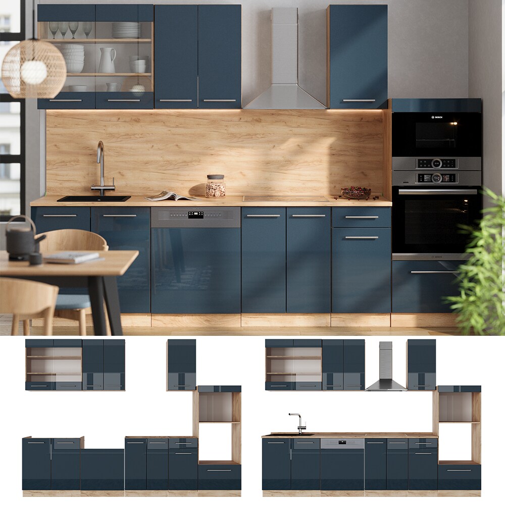 Vicco – Cuisine complète Fame-Line 300 cm – bleu foncé brillant/chêne doré – Armoire haute – Plan de travail anthracite – Panneaux de particules 16 mm