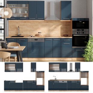 Vicco Küchenzeile Fame-Line Eiche Dunkelblau Hochglanz 300 cm mit Arbeitsplatte Weiß-Marmor 