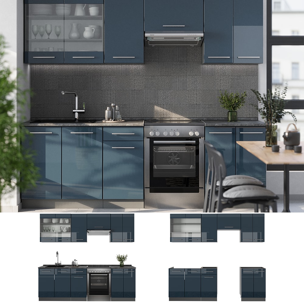 Vicco - Cuisine Fame-Line, bleu foncé brillant/chêne doré, 240 cm sans plan de travail