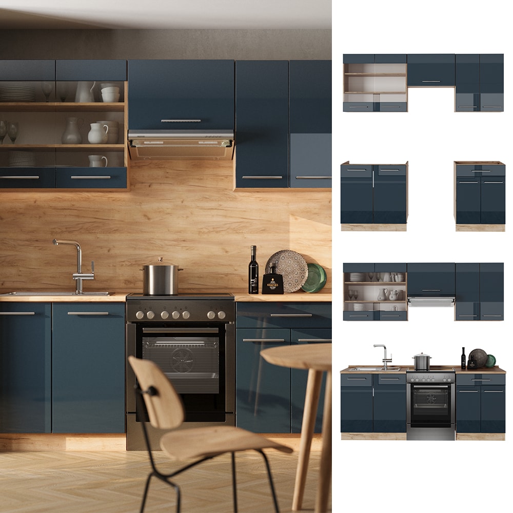 Vicco - Cuisine Fame-Line, bleu foncé brillant/chêne doré, 200 cm sans plan de travail