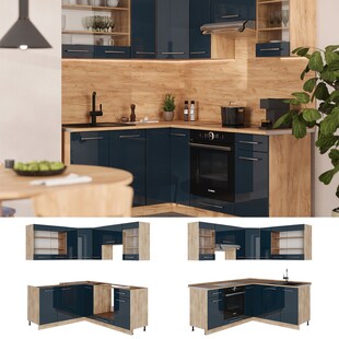 Vicco Eckküche Fame-Line Eiche Dunkelblau Hochglanz 160 x 190 cm ohne Arbeitsplatte 