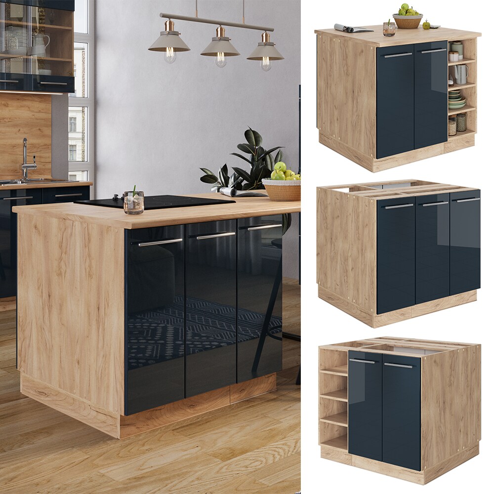 Vicco K&uuml;cheninsel Fame-Line Eiche Dunkelblau Hochglanz 90 cm geschlossen 