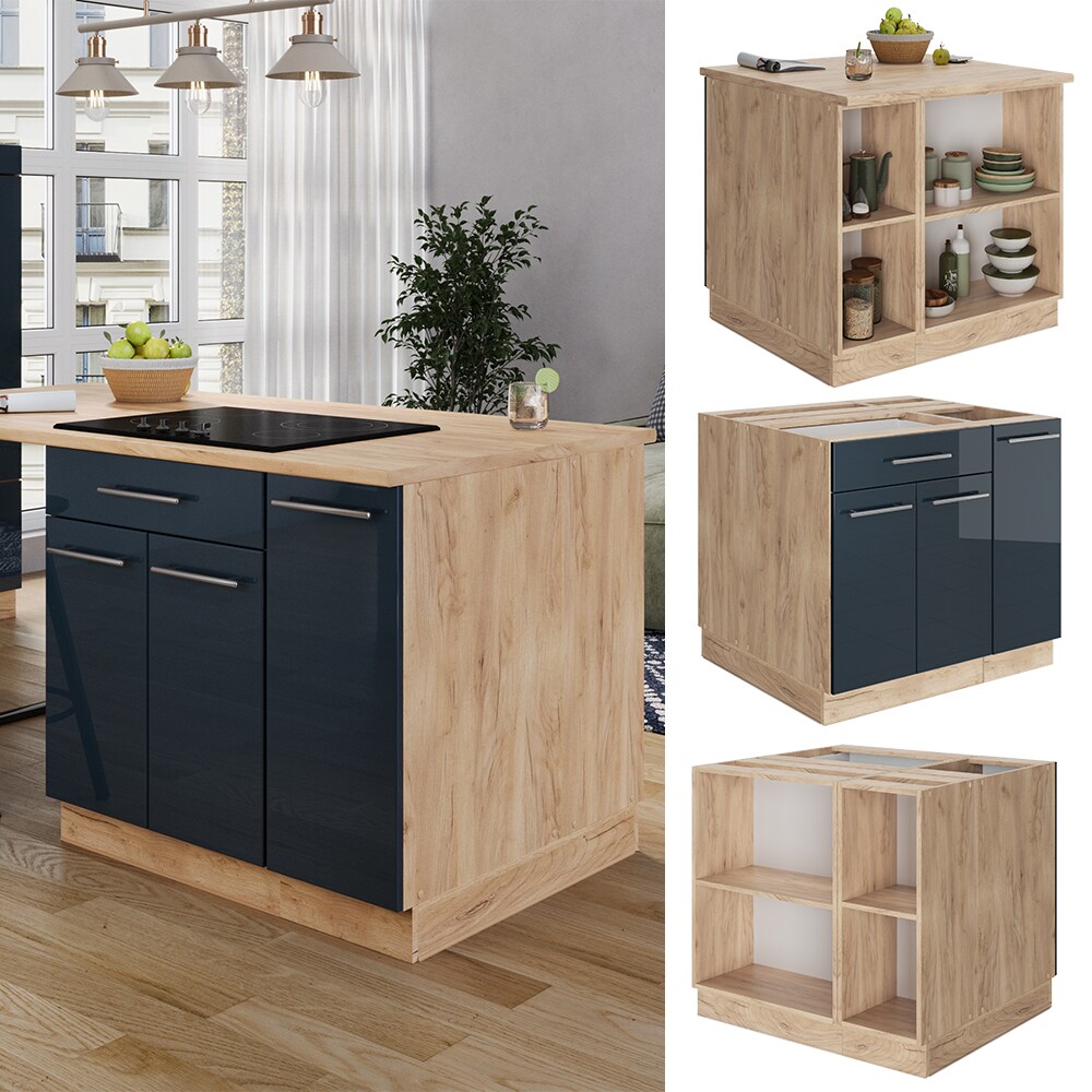 Vicco K&uuml;cheninsel Fame-Line Eiche Dunkelblau Hochglanz 90 cm offen 