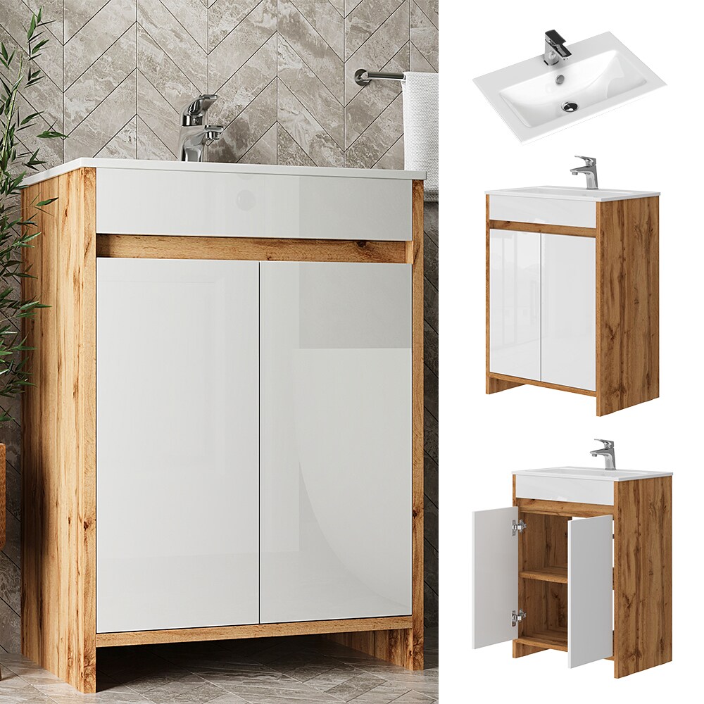 Vicco Waschbecken mit Unterschrank Lemgo Eiche Wei&szlig; 60 cm 