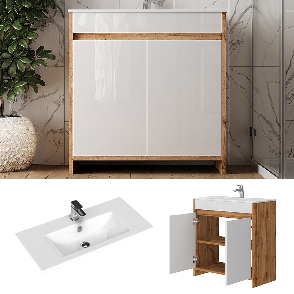 Vicco Waschbecken mit Unterschrank Lemgo Eiche Wei&szlig; 80 cm 