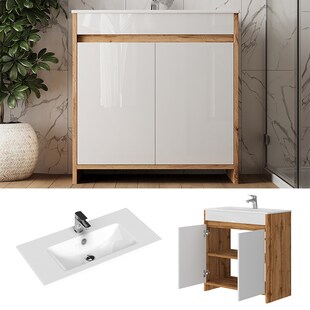 Vicco Waschbecken mit Unterschrank Lemgo Eiche Weiß 80 cm 