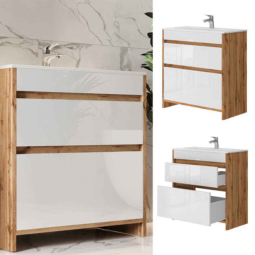 Vicco Waschbecken mit Unterschrank Detmold Eiche Wei&szlig; 80 cm 