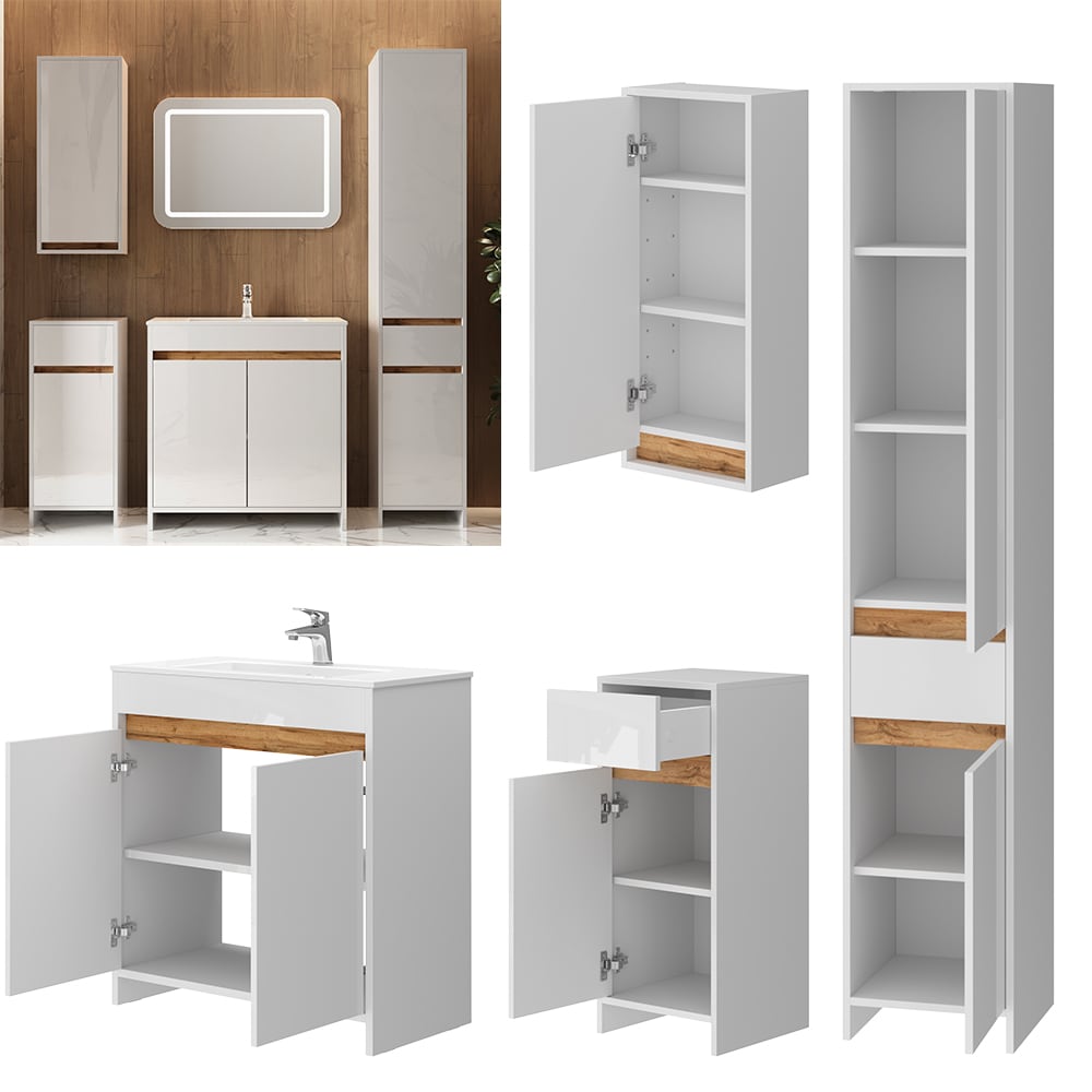 Vicco Badm&ouml;bel-Set Lemgo Wei&szlig; Hochglanz Eiche 80 cm 5 Teile 