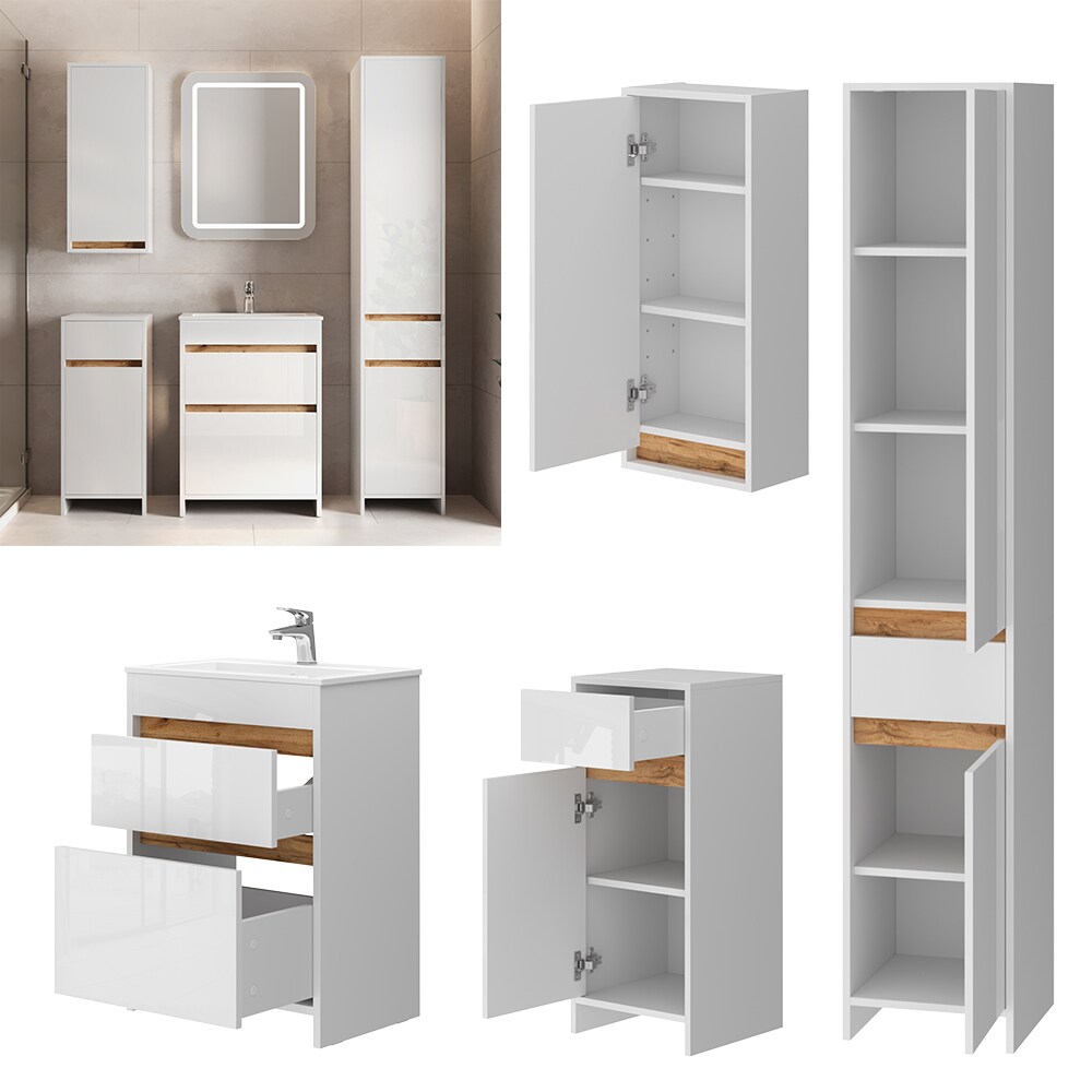 Vicco Badm&ouml;bel-Set Detmold Wei&szlig; Hochglanz Eiche 60 cm 5 Teile 