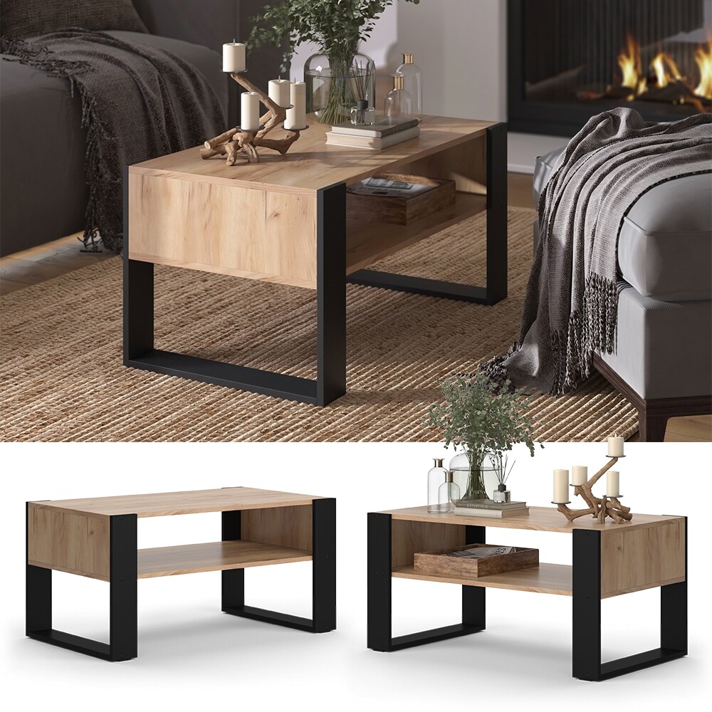 Vicco Couchtisch Olli Eiche Schwarz 92 x 45,6 cm mit Ablage