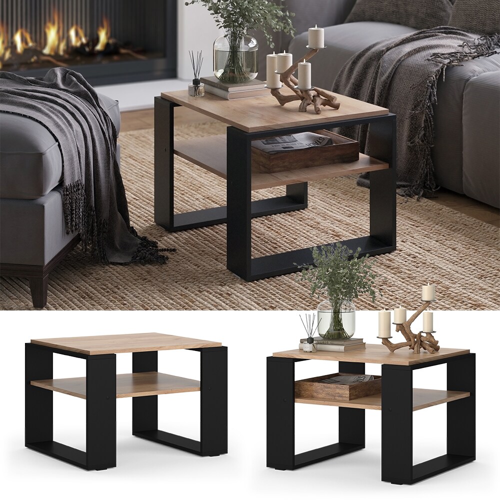 Vicco Couchtisch Helm Eiche Schwarz 65,6 x 46,2 cm mit Ablage 