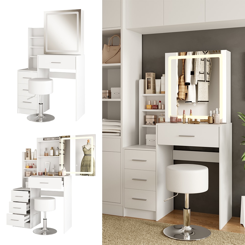 Vicco Schminktisch Lisca Wei&szlig; 80 cm mit LED-Spiegel und Hocker 