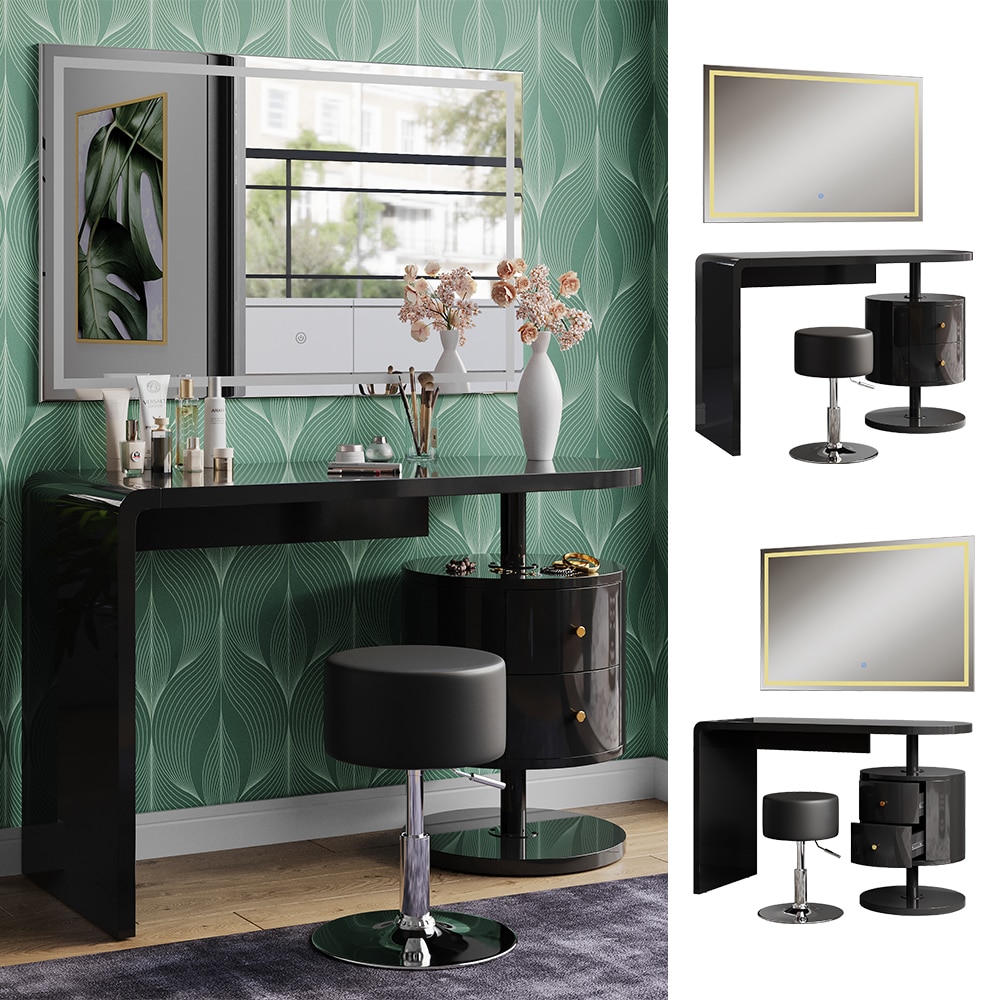 Vicco Schminktisch Lara Schwarz Hochglanz 120 cm mit LED-Spiegel und Hocker 