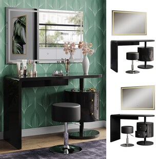 Vicco Schminktisch Lara Schwarz Hochglanz 120 cm mit LED-Spiegel und Hocker 