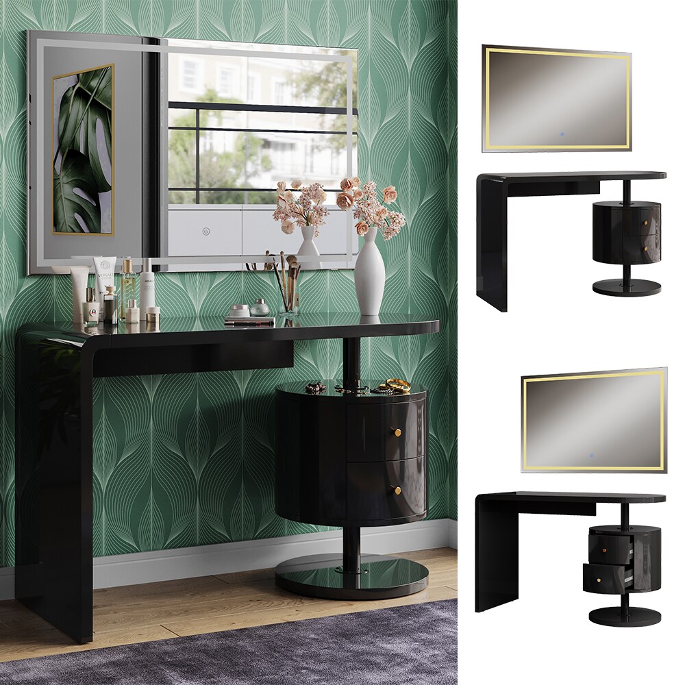 Vicco Schminktisch Lara Schwarz Hochglanz 120 cm mit LED-Spiegel 