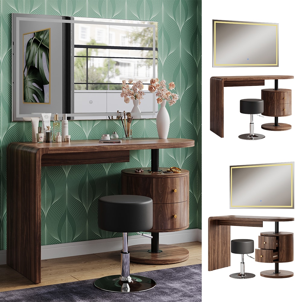 Vicco Schminktisch Lara Eiche rustikal 120 cm mit LED-Spiegel und Hocker 