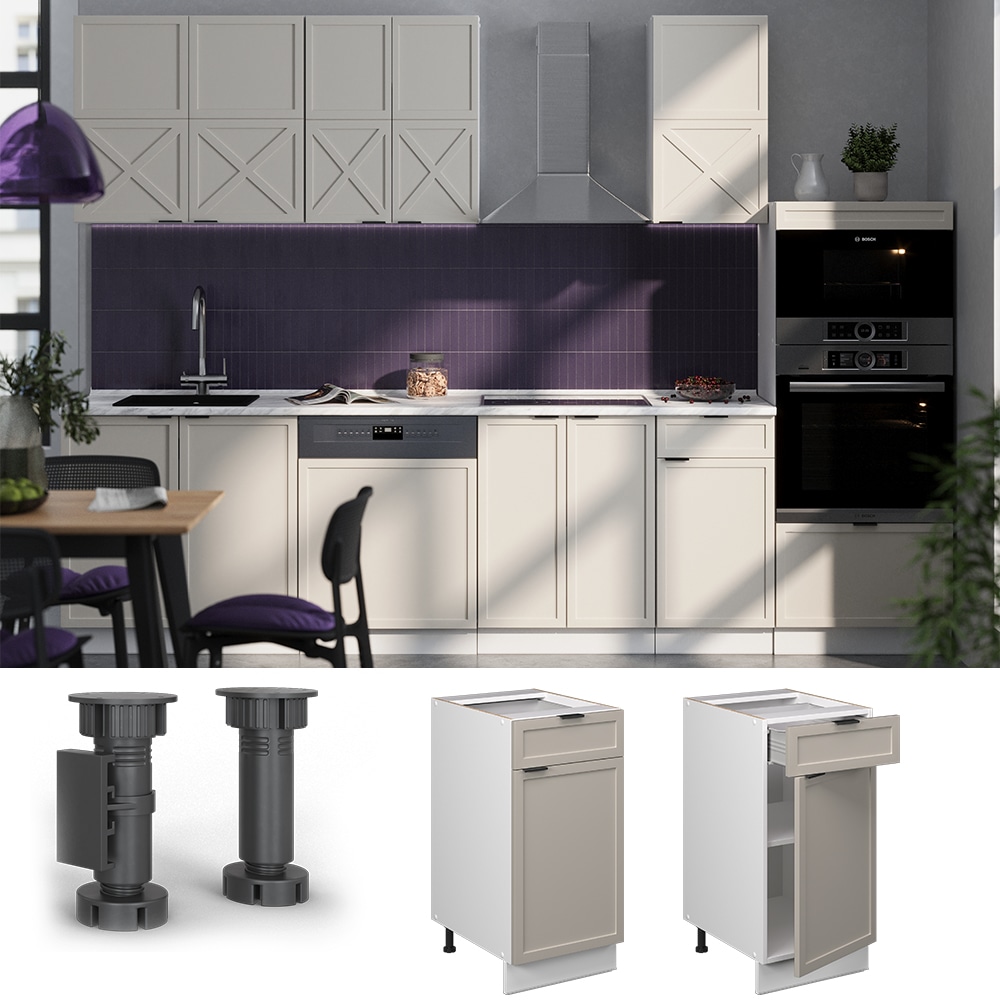 Vicco Schubunterschrank Fame-Line Wei&szlig; Grau-Beige gerahmt 40 cm mit Arbeitsplatte Marmor-Wei&szlig; 