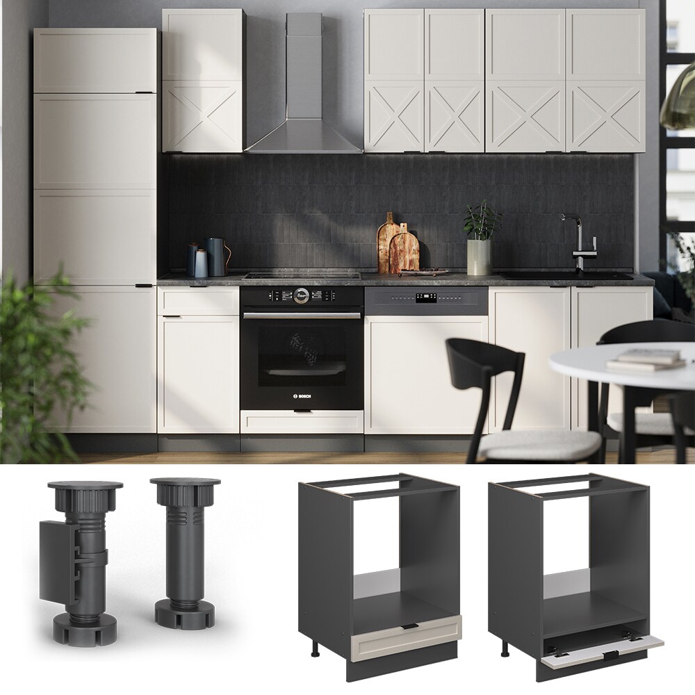 Vicco Herdumbauschrank Fame-Line Anthrazit Grau-Beige gerahmt 60 cm mit Arbeitsplatte Marmor-Wei&szlig; 