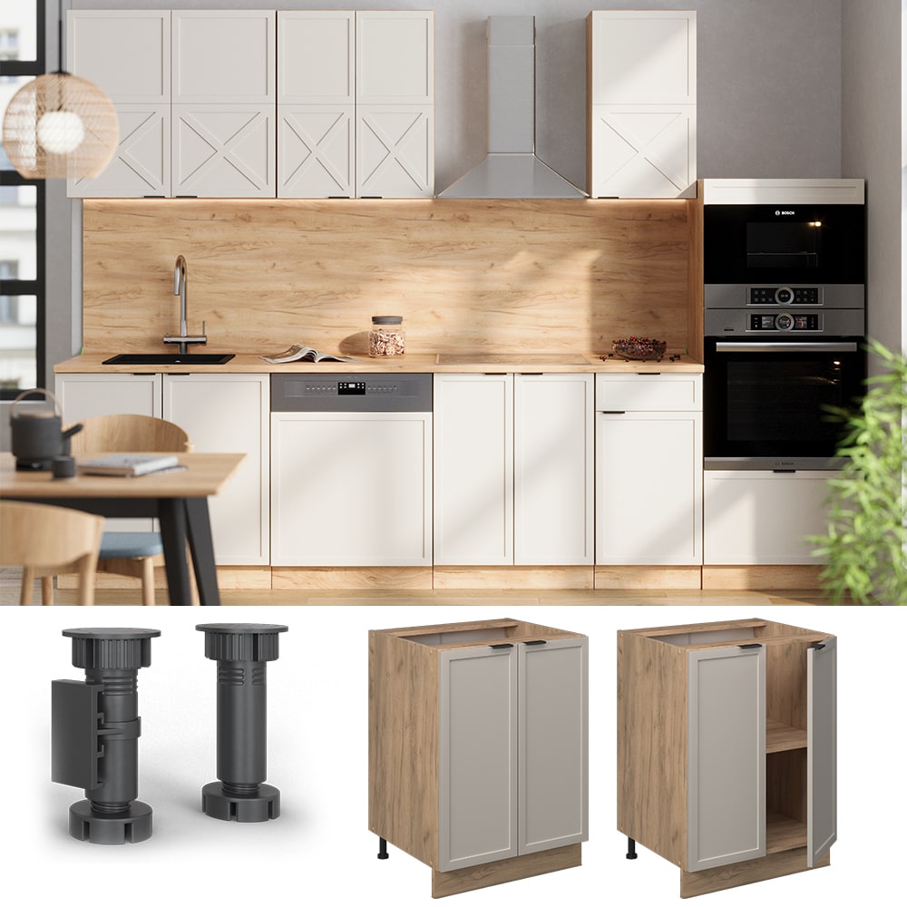 Vicco Unterschrank Fame-Line Eiche Grau-Beige gerahmt 60 cm mit Arbeitsplatte Eiche 