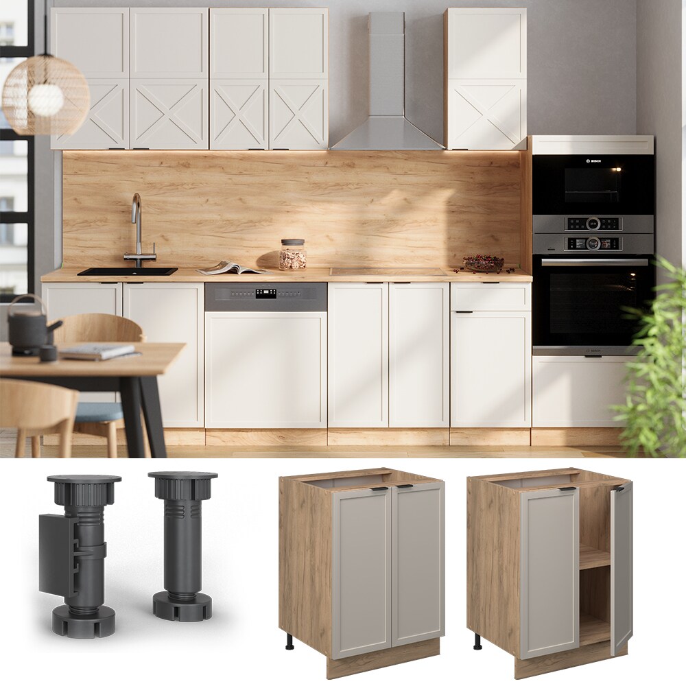 Vicco Unterschrank Fame-Line Eiche Grau-Beige gerahmt 60 cm mit Arbeitsplatte Marmor-Wei&szlig; 