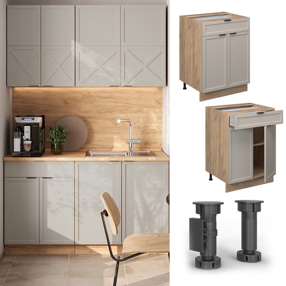 Vicco Schubunterschrank Fame-Line Eiche Grau-Beige gerahmt 60 cm mit Arbeitsplatte Eiche 