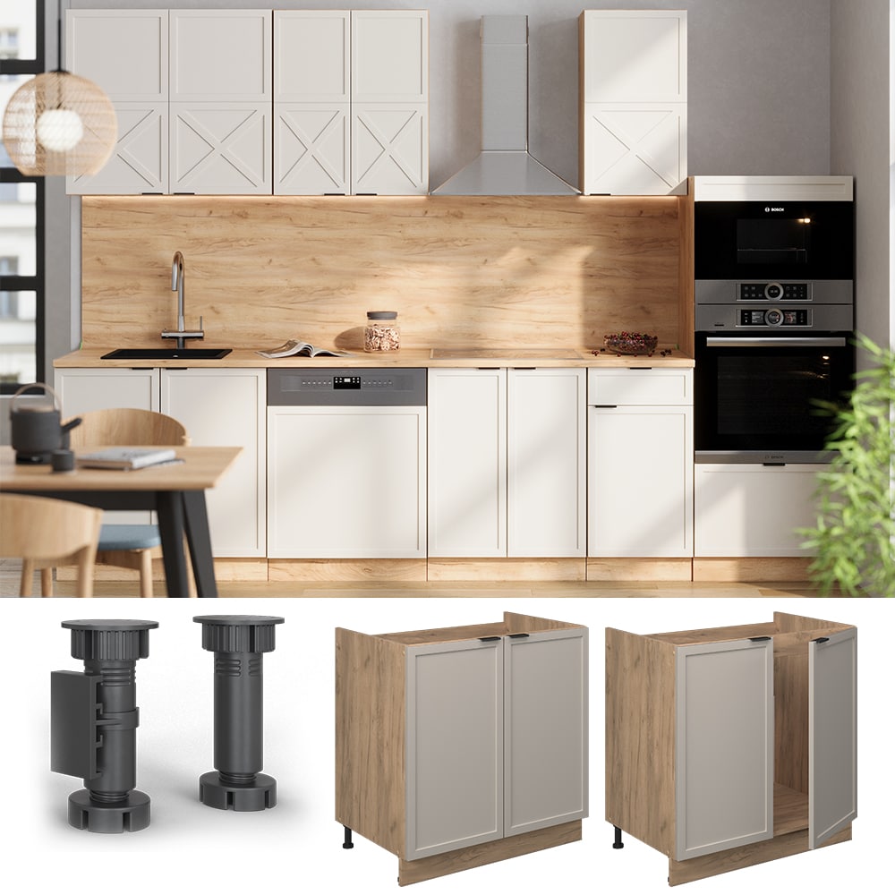 Vicco Sp&uuml;lenunterschrank Fame-Line Eiche Grau-Beige gerahmt 80 cm mit Arbeitsplatte Eiche 