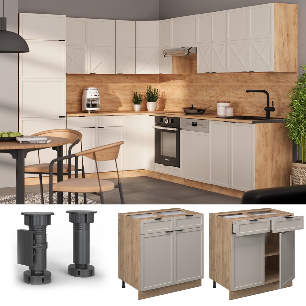 Vicco Schubunterschrank Fame-Line Eiche Grau-Beige gerahmt 80 cm mit Arbeitsplatte Marmor-Wei&szlig; 