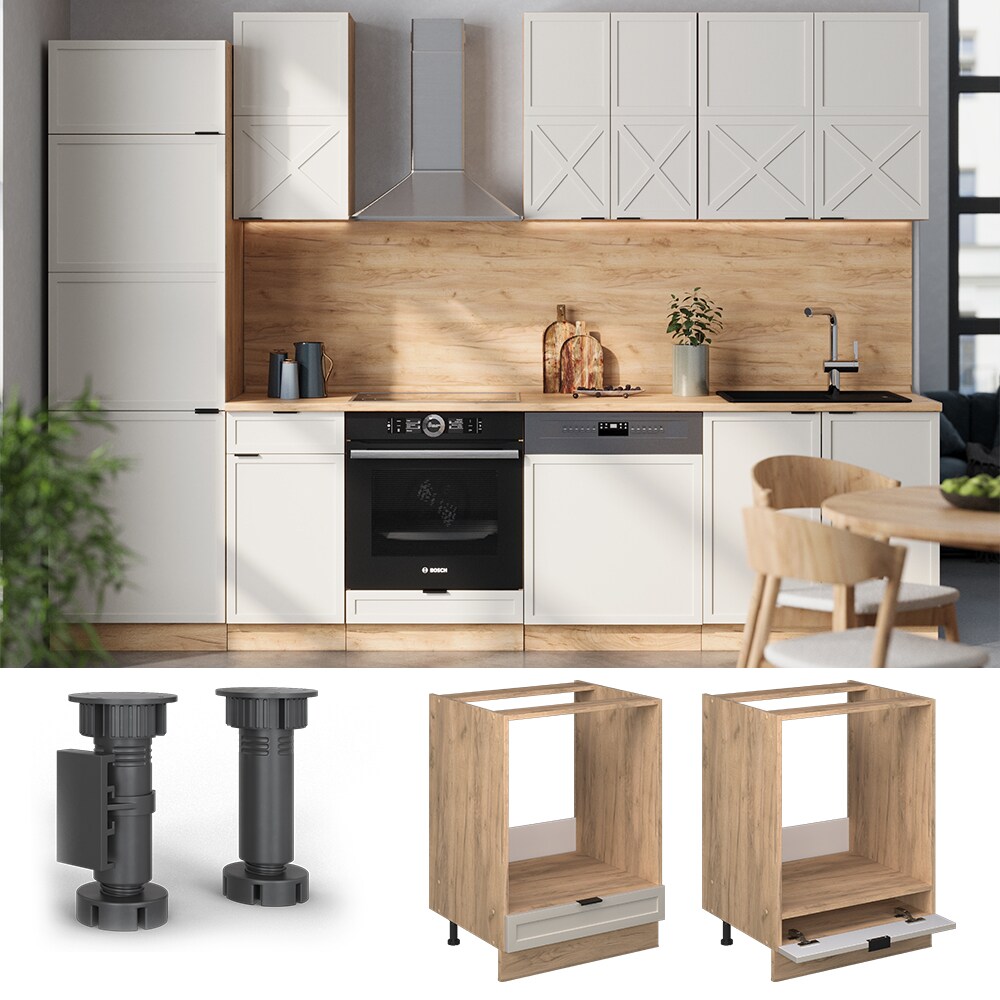 Vicco Herdumbauschrank Fame-Line Eiche Grau-Beige gerahmt 60 cm mit Arbeitsplatte Eiche 