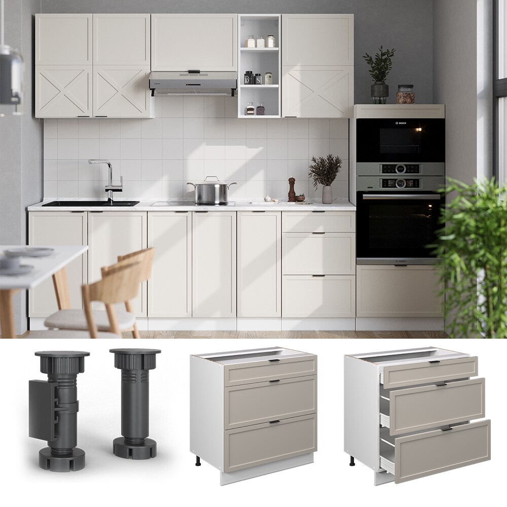 Vicco Schubladenunterschrank Fame-Line Wei&szlig; Grau-Beige gerahmt 80 cm mit Arbeitsplatte Marmor-Wei&szlig; 