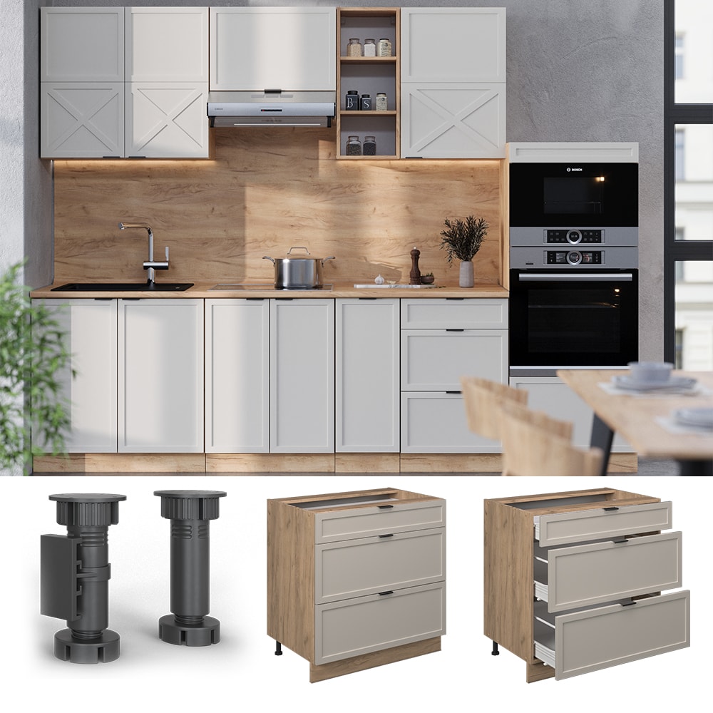 Vicco Schubladenunterschrank Fame-Line Eiche Grau-Beige gerahmt 80 cm mit Arbeitsplatte Marmor-Wei&szlig; 