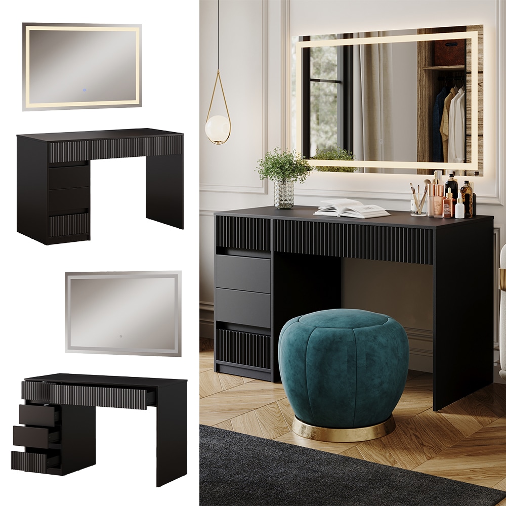 Vicco Schminktisch Omira Schwarz 120 cm mit LED-Spiegel 