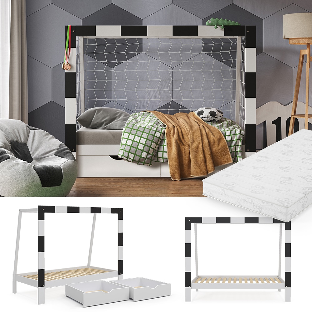 Vitalispa Kinderbett Fu&szlig;balltor Wei&szlig; mit Schublade und Matratze 