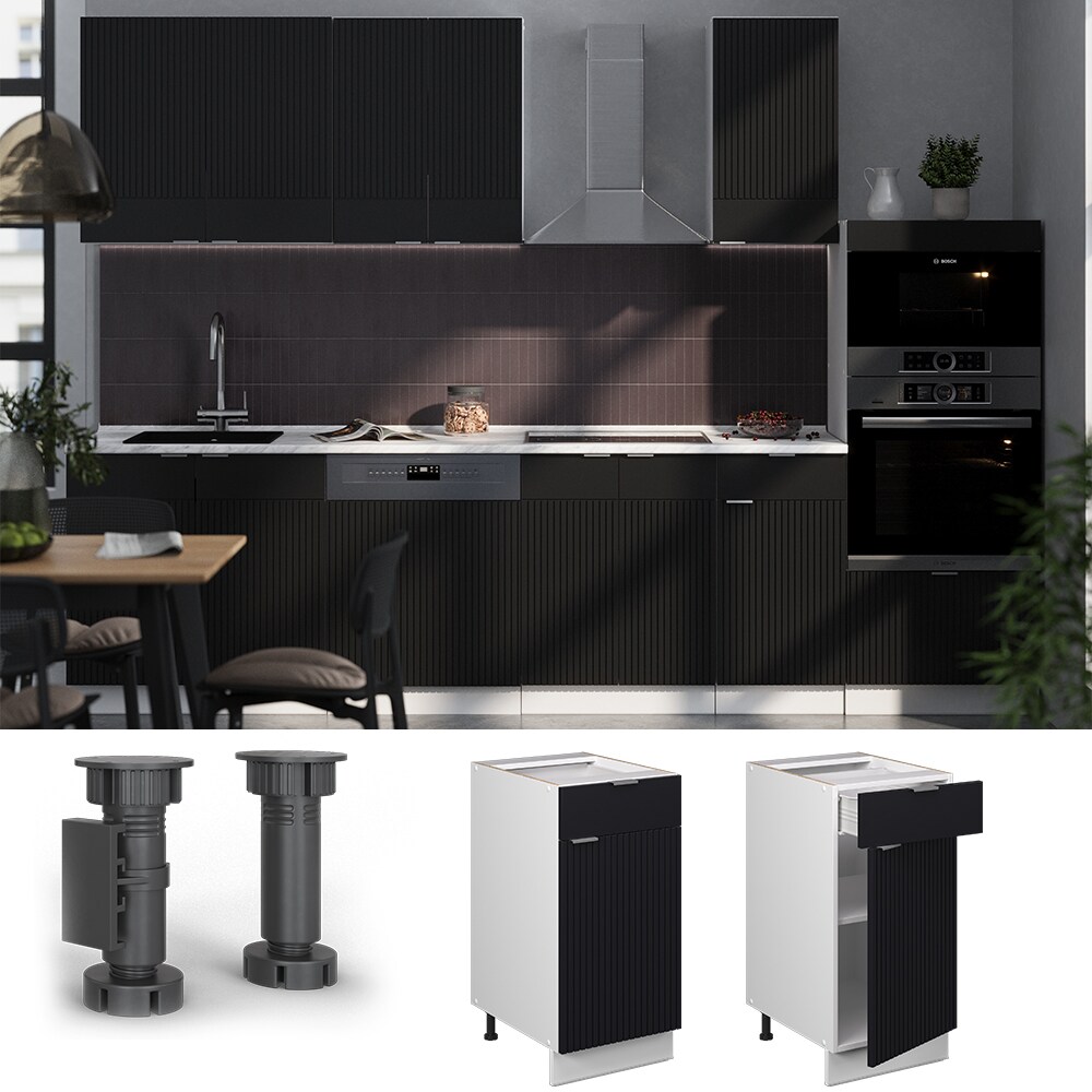 Vicco Schubunterschrank Fame-Line Wei&szlig; Schwarz gestreift 40 cm mit Arbeitsplatte Marmor-Wei&szlig; 