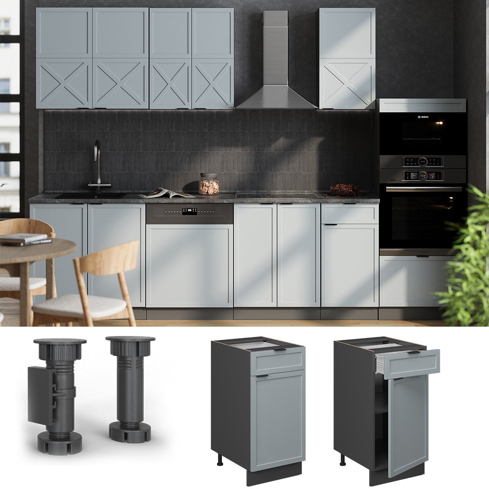 Vicco Schubunterschrank Fame-Line Anthrazit Hellblau-Grau gerahmt 40 cm mit Arbeitsplatte Marmor-Wei&szlig; 